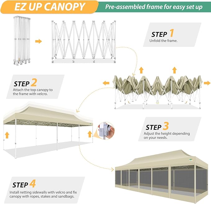 COBIZI 10x30 Pop Up Canopy with Sidewalls, Heavy Duty Canopy with Mosquito Netting, Easy up Screen Party Tents for Parties Backyard Outdoor Commercial Event Gazebo with Roller Bag, Sandbags, Khaki