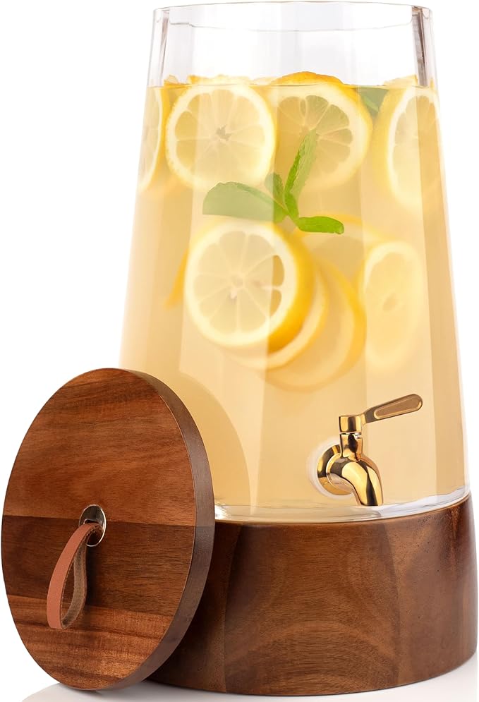 FOODLE Large Glass Drink Dispenser with Spigot - Glass Beverage Dispenser with Stand - Perfect for Parties & Weddings - Pitcher for Lemonade, Water, Sangria, Punch & Juice - Leakproof - 1.72 Gallon