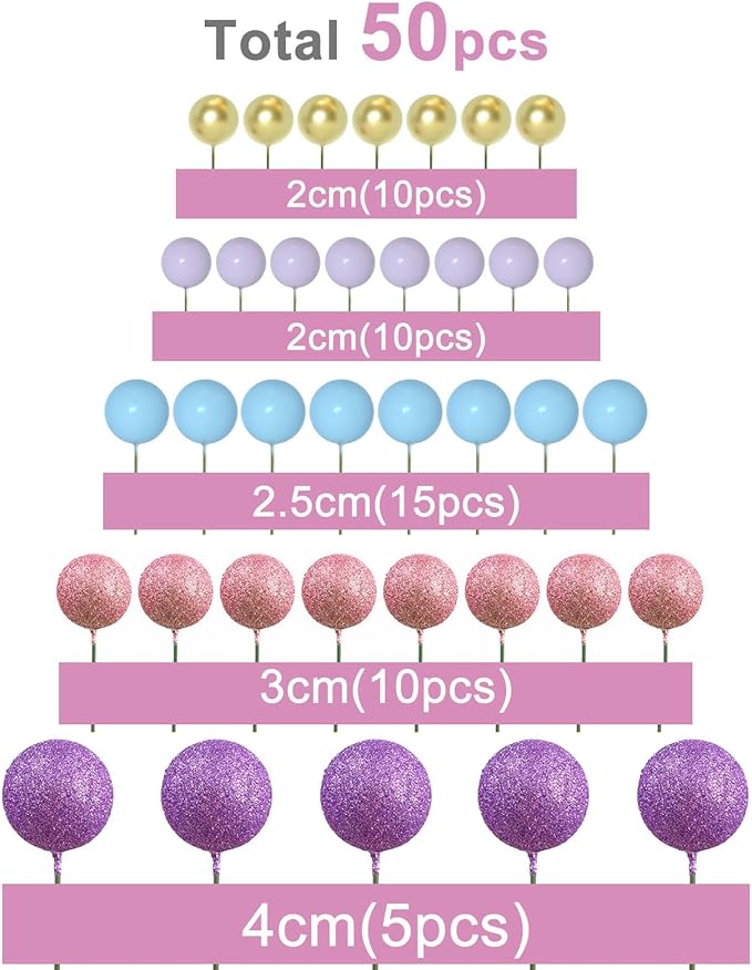 ASTARON 50 Pcs Ball Cake Topper Sticks Mini Balloons for Cake Decorating Supplies Foam Balls Cake decorations for Party Cake Birthday Cake Toppers Decorations (Pink，Purple，Blue)