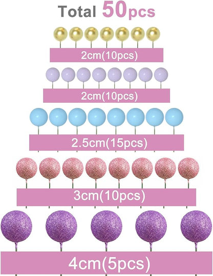 ASTARON 50 Pcs Ball Cake Topper Sticks Mini Balloons for Cake Decorating Supplies Foam Balls Cake decorations for Party Cake Birthday Cake Toppers Decorations (Pink，Purple，Blue)
