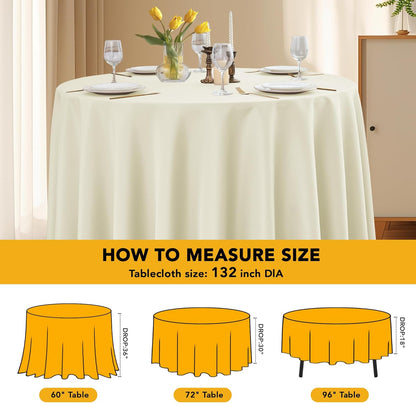 6-Pack Ivory Round Tablecloths, 132 Inches, Stain-Resistant Polyester for 6-8 Ft Round Tables - Washable Table Covers for Weddings, Banquets, Birthday Parties, Events