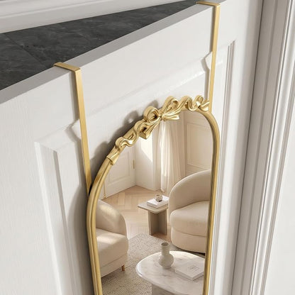 Besdomus Door Mirror Full Length: 14"x50" Gold Vintage Bow Over The Door Hanging Mirror - Antique Baroque Traditional Ornate Full Body for Girls Bedroom/Cloakroom/Living Room - Ideal for Teen Girl