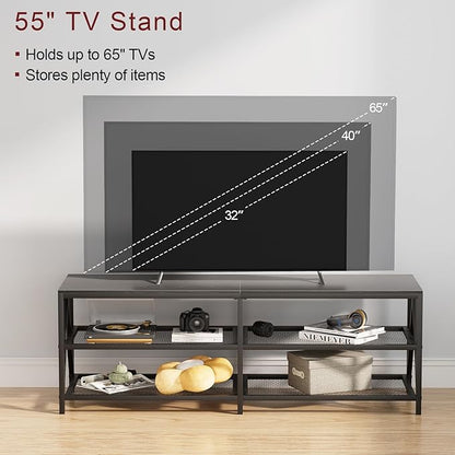 TV Stand for TVs up to 65 Inch, 55" Long Industrial TV Console Table with 3-Tier Storage Shelves, Entertainment Center for Living Room, Bedroom (Black)