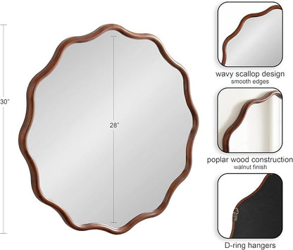 Kate and Laurel Talma Mid-Century Round Scalloped Wall Mirror; 30 Inch Diameter; Walnut Brown; Modern Circle Mirror with Solid Poplar Wood Frame and Rounded Frame Profile