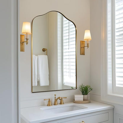 ANDY STAR Brass Scalloped Arched Wall Mirror, 30x36 Brushed Gold Irregular Bathroom Mirror with Curved Design for Vanity, Powder Room, Fireplace, Mantel, with Stainless Steel Metal Frame