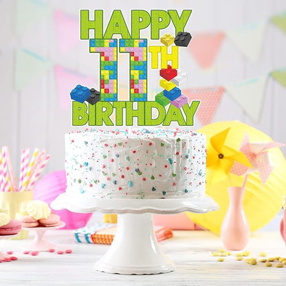 Happy 11th Birthday Building Block Cake Topper - Puzzle Games Boy's 11th Birthday Party Green Cake Topper Supplies - Building Block Party Decoration For Boy