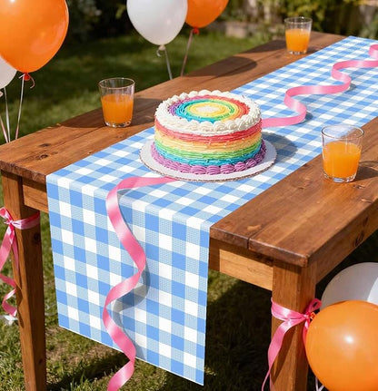 3 Pcs Light Blue and White Checkered Table Runner Plastic 14 x 108 Disposable Baby Blue Gingham Table Runner for Birthday Wedding Baby Shower Party Table Centerpiece Decorations