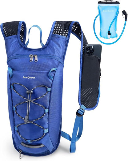 Blue Quartz Hydration Backpack with 2L Water Bladder, Hiking Water Backpack for Women Men, Lightweight Cycling Daypack with Phone Pocket & Helmet Net Bag, Hydration Pack for Biking, Running, Skiing