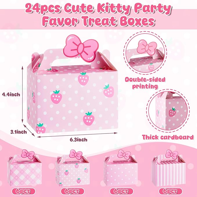 Marspark 24 Pcs Kitty Party Favor Pink Bow Tie Gift Boxes Cartoon Cat Happy Birthday Decoration Kitten Birthday Gift Candy Boxes for Kitty Theme Party Favor Supplies