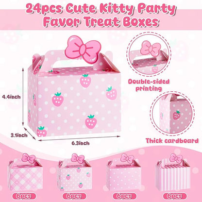 Marspark 24 Pcs Kitty Party Favor Pink Bow Tie Gift Boxes Cartoon Cat Happy Birthday Decoration Kitten Birthday Gift Candy Boxes for Kitty Theme Party Favor Supplies