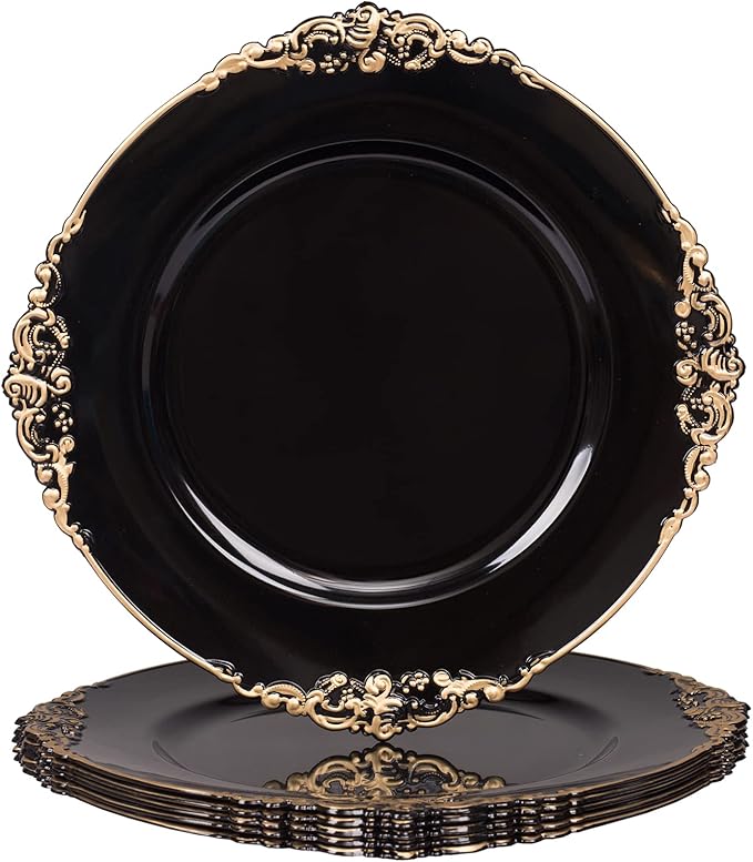 MAONAME Black Charger Plates with Gold Rim, Round Antique Plate Chargers for Dinner Plates, 13" Plastic Charger for Wedding Table Setting, Set of 6
