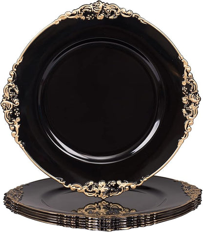 MAONAME Black Charger Plates with Gold Rim, Round Antique Plate Chargers for Dinner Plates, 13" Plastic Charger for Wedding Table Setting, Set of 6