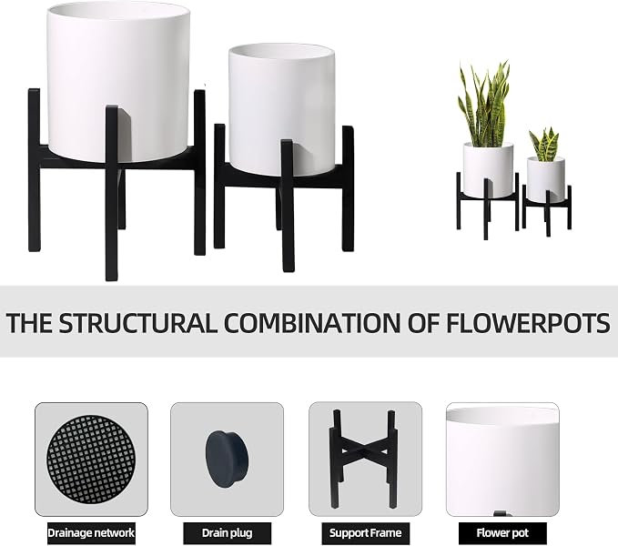 Plant Pot with Stands Set of 2, Mid Century Planters for Indoor Plants Modern Decorative Flower Pots for Balcony, Office, Living Room or Garden with Drainage Plug, 12 inch & 10 inch