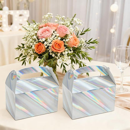 ZAVOOS 50 Pack Party Favor Boxes, 6.3 x 3.7 x 3.7 Inch Iridescent Candy Gable Boxes with Handle, Paper Goodie Gift Box Snack Cookies Containers bulk for Christmas, Wedding, Birthday
