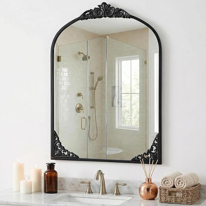 Vintage Arched Mirror 26x38 Inch Black Bathroom Mirror Antique Ornate Baroque Mirror for Living Room Entryway Bathroom Fireplace