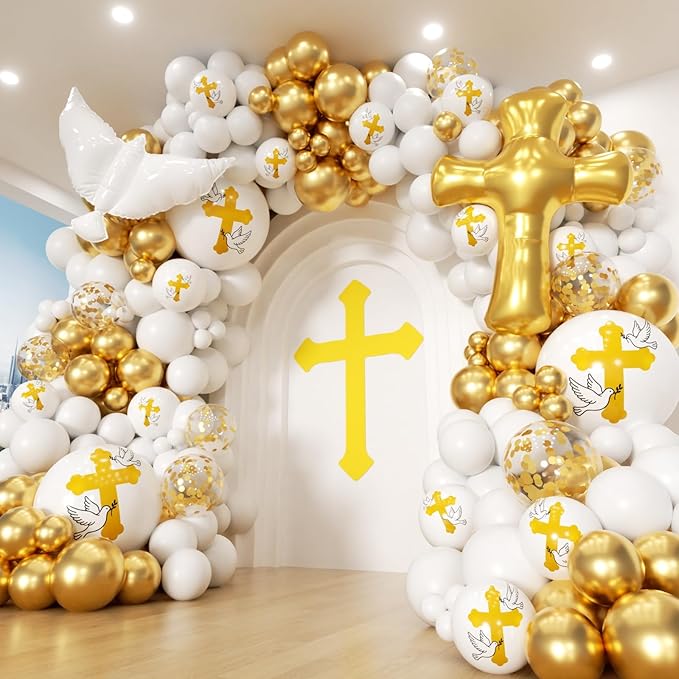 First Communion Balloon Garland Kit 160Pcs, Baptism Balloon, First Holy Communion Decorations, Different Size White and Gold Balloon Arch Kit for First Holy Communion Baptism Theme Party Decor