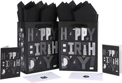 wishinside 2-Pack 10.6” Medium Black Happy Birthday Gift Bag Set with Greeting Cards and Tissue Papers for Men Boys Kids Teens, Cartoon Birthday Design, 2 Pcs