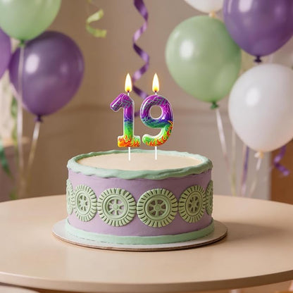 Number 9 Birthday Candle for Cake – Purple Green Flame Design with Lightning & Tire Track Pattern – Off-Road Truck Theme Cake Topper for Birthday Party Decoration