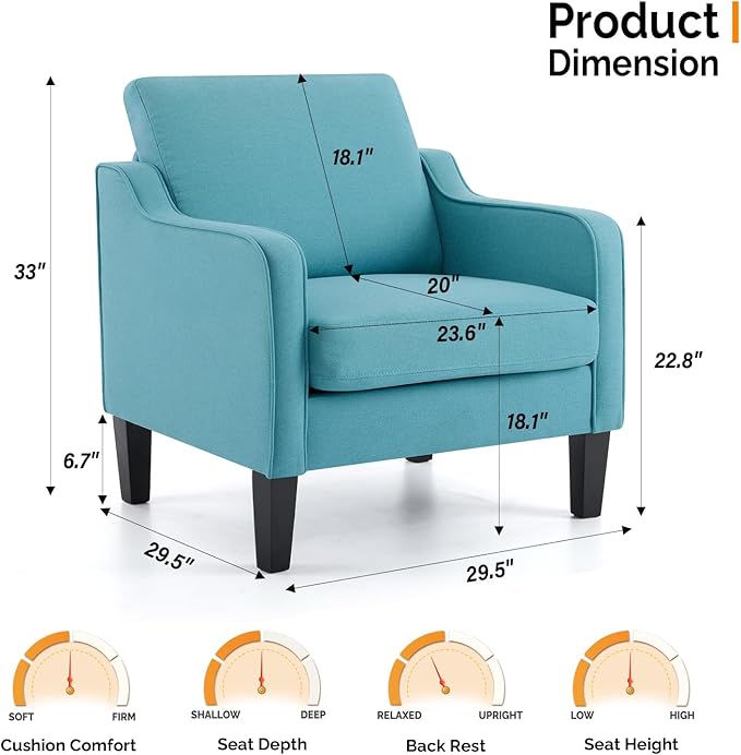 VINGLI Accent Chairs for Living Room Mid Century Modern Chair Sofa Chair Upholstered Arm Chair with Scooped Arms for Bedroom, Apartment, Office, Studio, Waiting Room, Play Room