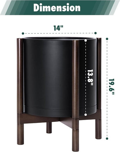 D'vine Dev Planter Pot with Stand - 14 Inch Plastic Cylinder Flower Pot with Wood Planter Holder for Indoor, Matte Black Pot + Walnut Color Stand, 55-C-R-2