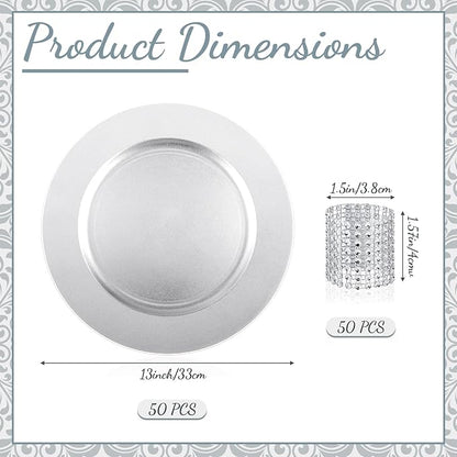 Tanlade 100 Pcs Charger Plates Set Bulk Include 50 Plastic Plate Chargers and 50 Napkin Rings 13" Round for Dinner Table Setting Wedding Baby Shower Decoration(Silver)