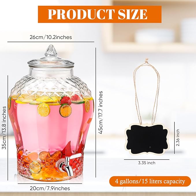 Baderke 4 Gallon Glass Drink Dispenser for Parties Beverage Dispensers Glass Water Dispenser with18/8 Stainless Steel Leakproof Spigot Hanging Chalkboard Signs Pen for Party Wedding (Novel Style)