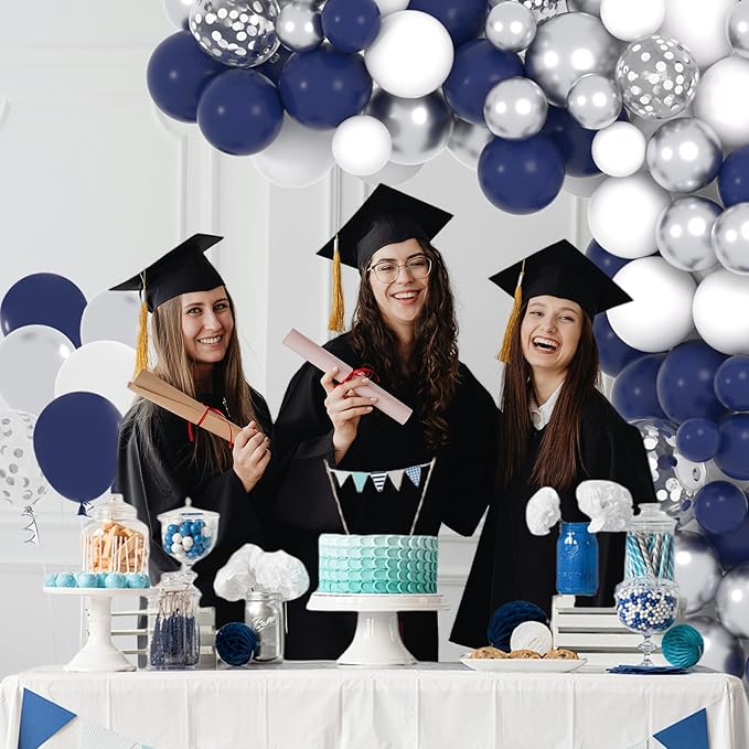Navy Blue Silver Balloon Arch Garland Kit, 122PCS Navy Blue White Metallic Silver Confetti Balloons for Birthday Graduation Wedding Retirement Anniversary Engagement Father Day Party Decoration