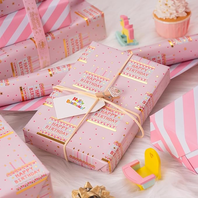 MAYPLUSS Pink Birthday Wrapping Paper Roll - 17 Inch X 33 Feet - Girly Shiny Metallic Pink Birthday Cake Pattern Reversible Gift Wrap Paper Pastel for Girl Baby Shower Wedding Bridal Shower