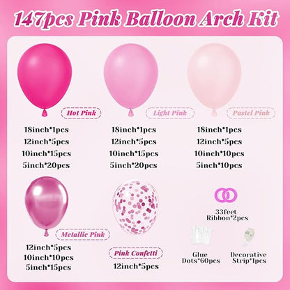 147pcs Pink Balloon Garland Arch Kit, Hot Pastel Light Metallic Pink Confetti Balloons for Wedding Bridal Baby Shower Coquette Party Decorations