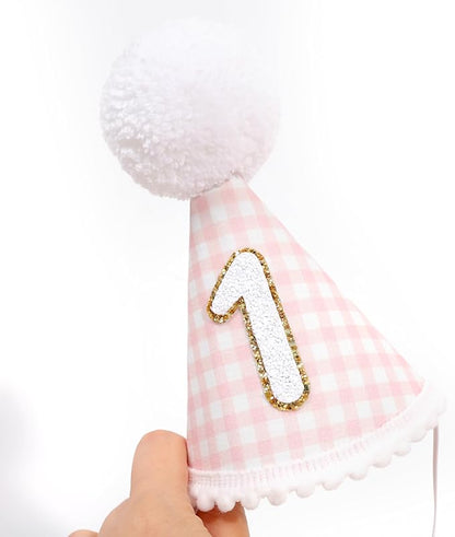 Pink Gingham Style 1st Birthday Hat - 1st Birthday Party Hat for girls, Baby girl 1st Birthday Decoration, Princess First Birthday Crown, Pink and Gold 1st Birthday Decor