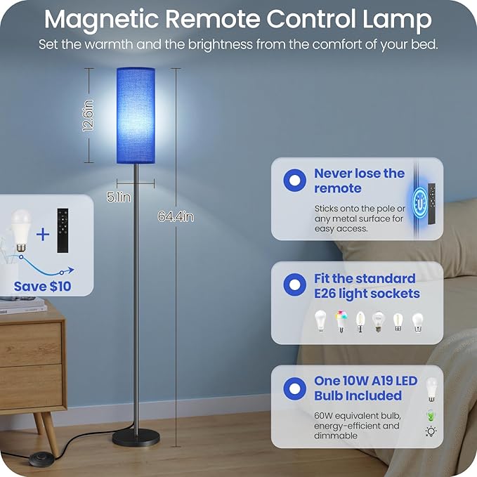 Dimmable Blue Floor Lamp for Living Room with Remote and Foot Switch, Corner Floor Lamp for Bedroom, 64.4" Standing Tall Lamp, 10W 900LM Bulb Included, 3000K-6500K, Linen Shade, FCC Listed U06LD05W1