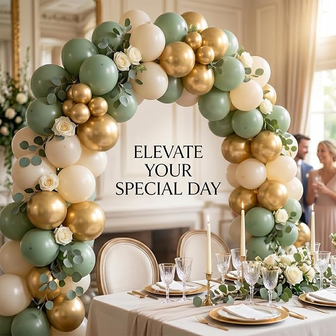 60pcs Sage Green and Gold Balloon Kit,12 Inch Eucalyptus Olive Green Cream & Metallic Gold Balloons for Boho Baby Shower, Bridal Wedding, Jungle Safari Birthday (with Ribbons & Glues)