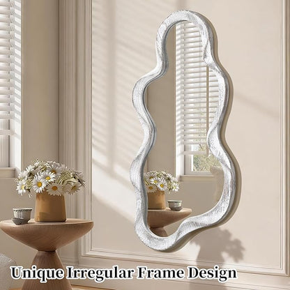 Large Asymmetrical Wall Mirror Irregular Wood Frame Modern Unique Wall-Mounted Artistic Wavy Mirror Decor Bathroom Vanity Bedroom Living Room Entryway Hallway 47" x 22" Natural