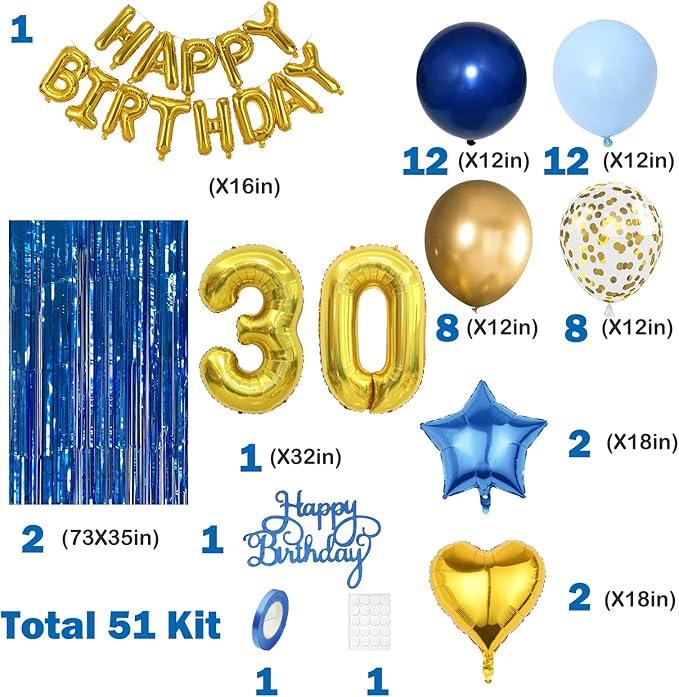 30th Birthday Decorations for Him 30 Balloon Numbers 30th Birthday Banner Blue Streamers Mens 30th Birthday Decorations