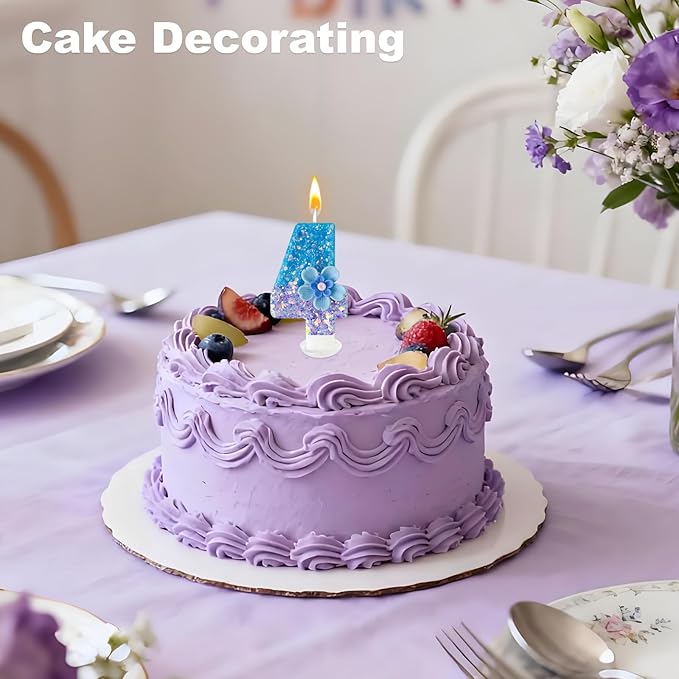 Blue Purple Flower Birthday Number Candles, Flower Theme Party Decorations, Cupcake Decorations, Suitable for Party Celebrations, Boys and Girls Birthday Decorations（4）