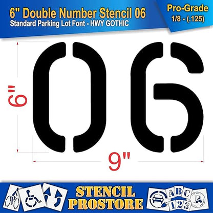 Pavement, Curb, and WheelStop Stencils - 6 inch Double Number Stencil - (06) - 6" x 9" x 1/8" (128 mil) - Pro-Grade