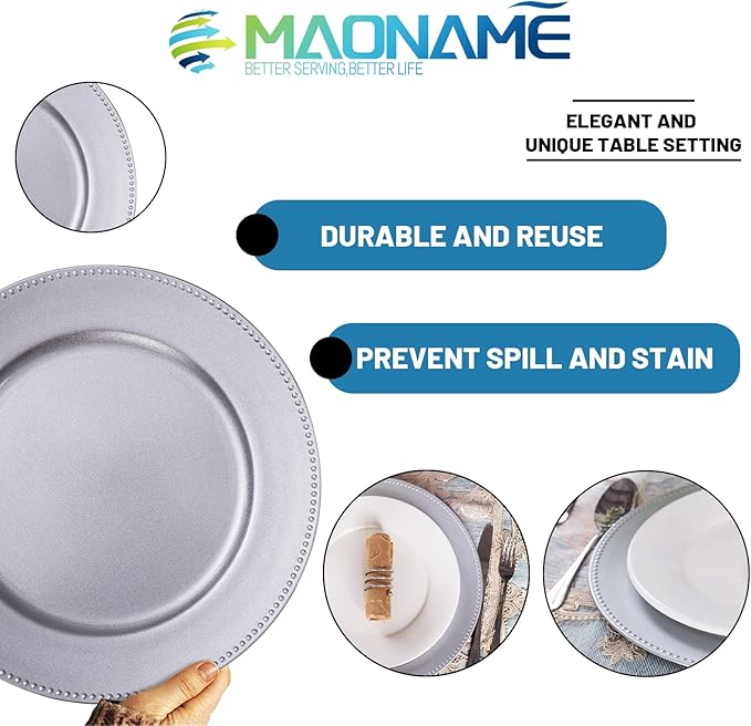 MAONAME Silver Charger Plates Set of 6, Round Dinner Chargers with Beaded, 13 Inch Plastic Plate Chargers for Wedding, Table Decor