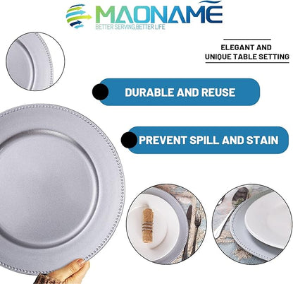 MAONAME Silver Charger Plates Set of 6, Round Dinner Chargers with Beaded, 13 Inch Plastic Plate Chargers for Wedding, Table Decor