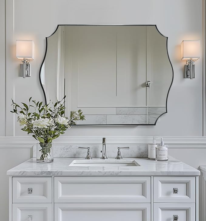 ANDY STAR Chrome Bathroom Mirror, 30x40 Inch Large Polished Chrome Mirror, Rectangle Mirror for Bathroom with Unique Wavy Design Ideal for Home Decor, Rust-Proof Stainless Steel 1” Frame