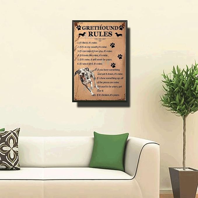 Metal Sign Tin Sign Vintage Wall Art Grethound Rules Kitty Decor for Club 6×8 Inches with Metal Frame