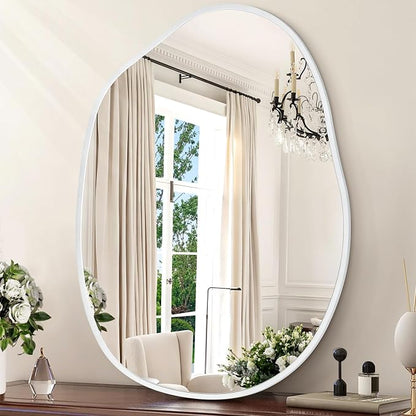 Asymmetrical Bathroom Mirror Irregular Wall Mirror Modern Metal Frame Unique Shape Wall Mounted Vanity Artistic Mirrors Decorative for Living Room Bedroom Entryway 22"x30" Large White