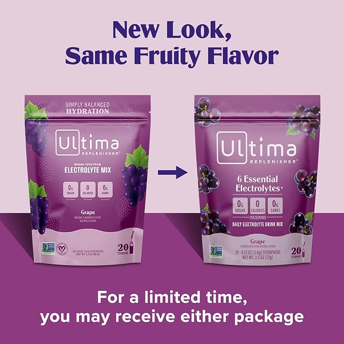 Ultima Replenisher Daily Electrolyte Powder Drink Mix – Sugar Free – Grape, 20 Stickpacks – Hydration Packets with 6 Key Electrolytes and Trace Minerals – Keto Friendly, Vegan, Non-GMO