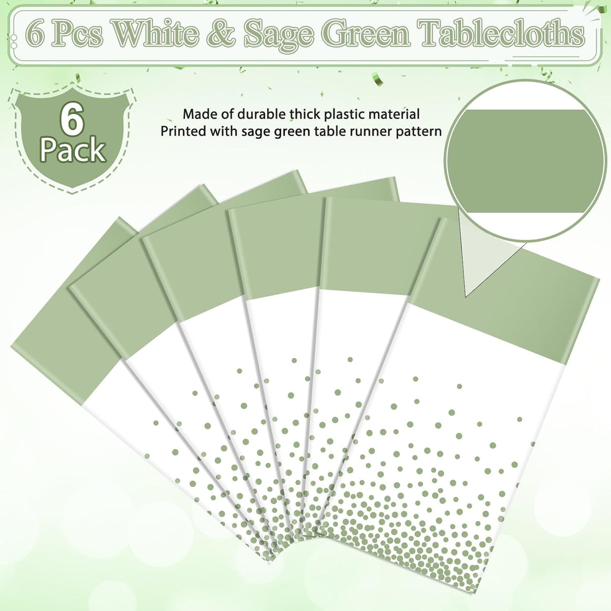 6Pcs White and Sage Green Tablecloth Decorations,Plastic White Table Cloth Printed Green Table Runner Disposable Rectangle Table Cover for Birthday Wedding Anniversary Graduation Party,54 x108 Inch