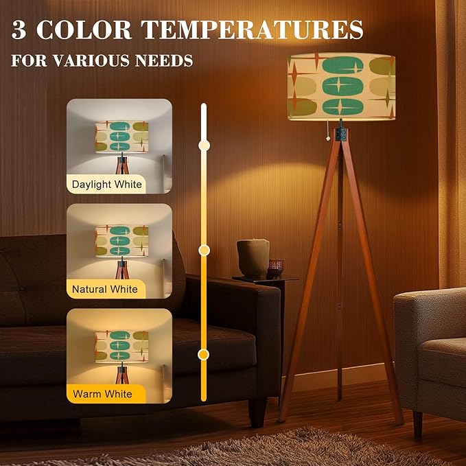 Wood Tripod Floor Lamp Retro Abstract Era Seamless 1950s 1960s 1970s modern abstract texture Mid Century Standing Lamp Linen Shade Dimmable Modern Tall lamp Home Decor for Living Room Bedroom Office