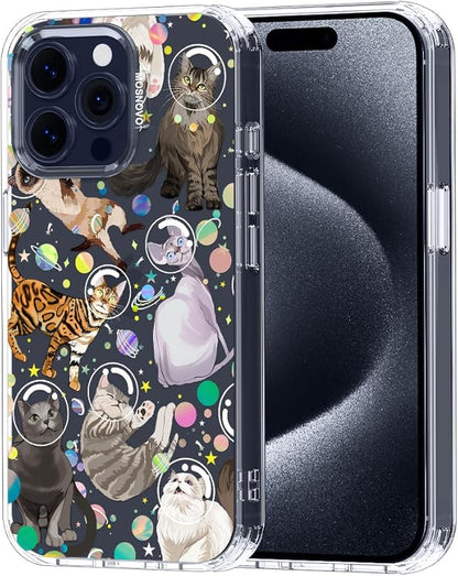 MOSNOVO Case for iPhone 15 Pro Max, [Buffertech 6.6ft Military-Grade Drop Protection] [Anti Peel Off Tech] Clear TPU Bumper Phone Case Cover Design - Space Cat