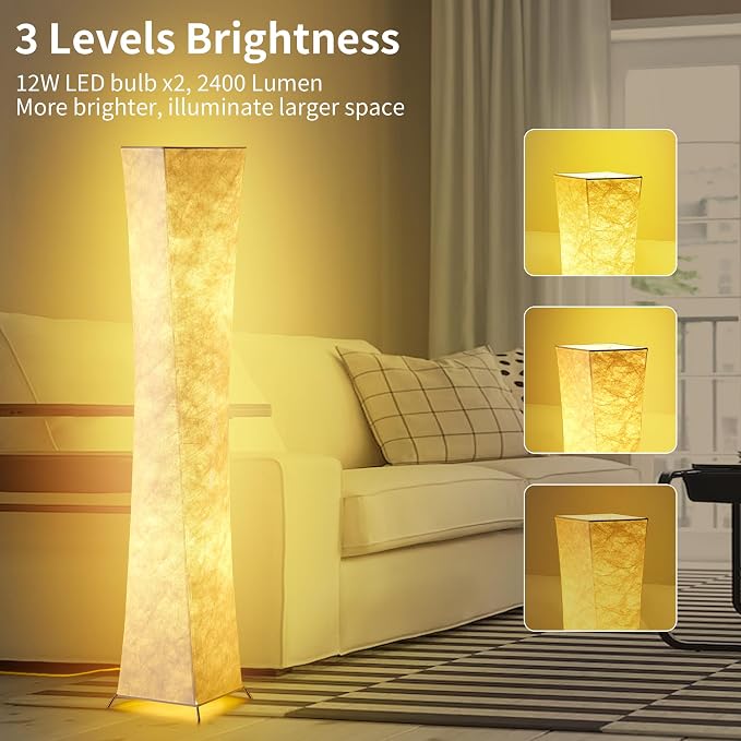 chiphy Floor Lamp, Dimmable 64" Tall Standing Lamp, 3 Levels Adjustable Brightness 12Wx2 LED Bulbs, Column Floor Light White Fabric Shade, Home Decor for Living Room, Bedroom, Kids Room