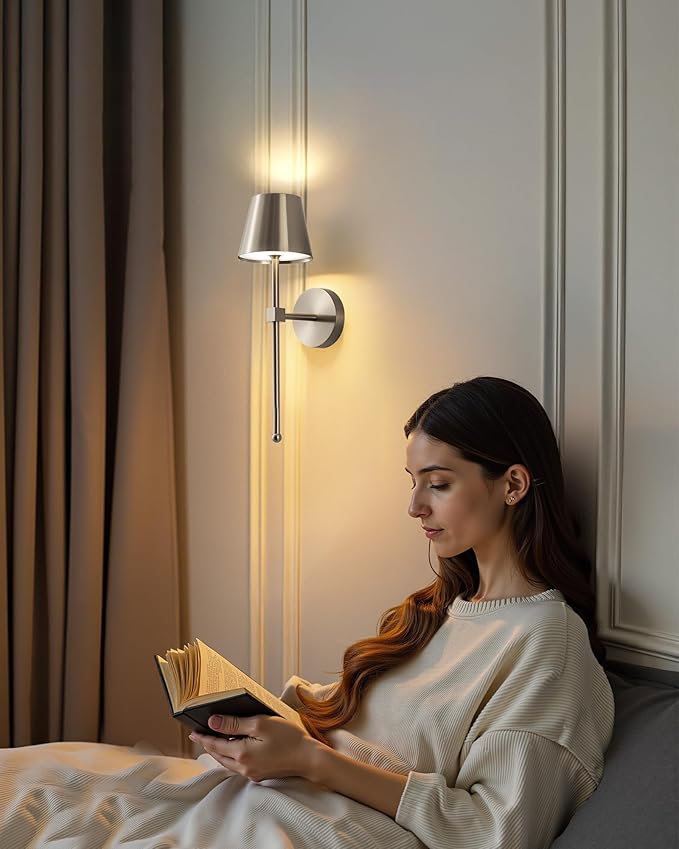 KDG Cordless Wall Sconces Set of 2, Wireless 5200mAh Rechargeable Battery LED Wall Lamps, Wall Lightings for Wall Painting, Outdoor, Garden, Bedside, Hallway, Gifts, Night Light (Brushed Nickel)