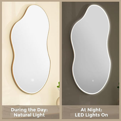 SHYFOY Irregular LED Irregular Wall Mirror, 43" x 23” Modern Asymmetrical Wall Mirror with Lights, Dimmable 3 Color Temperatures, Gold Frame Vanity Mirror for Bedroom, Living Room, Bathroom, Entryway