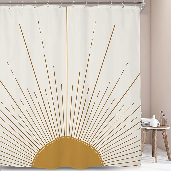 Miyotaa Abstract Sun Shower Curtain Set 60Wx71H Inches Modern Minimalist Mid Century Aesthetic Mustard Yellow Sunburst Sunrise Simple Polyester Waterproof Cloth Bathroom Curtain with 12 Hooks