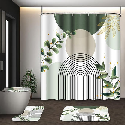 Boho Sage Green Mid Century Shower Curtain Set with Toilet Lid Cover and Non-Slip Rugs, Abstract Bohemian Gold Leaves Plant 4 Pcs Modern Minimalist Shower Curtain for Bathroom Set with 12 Hooks